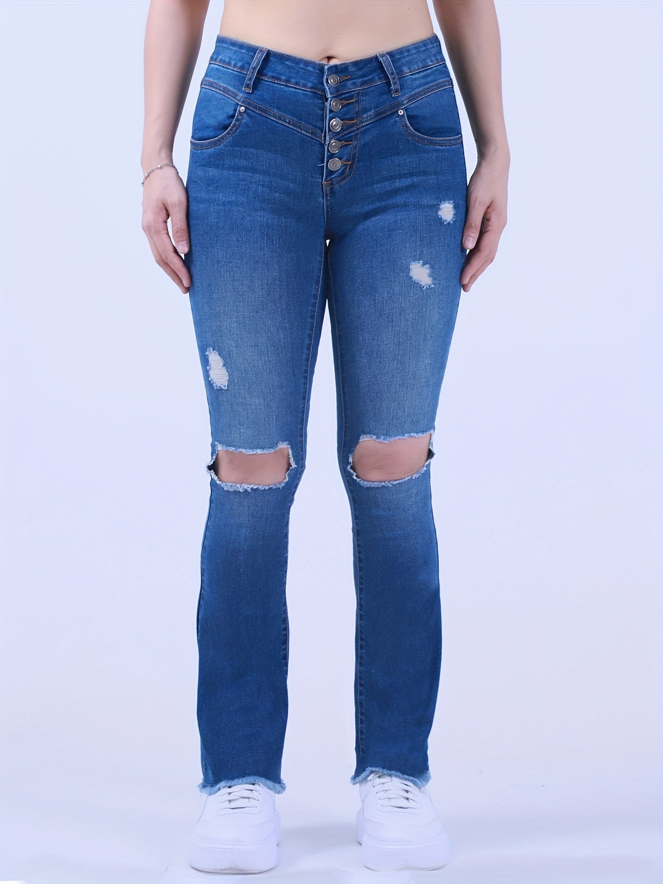 Ripped Button Fly Fringe Trim Jeans