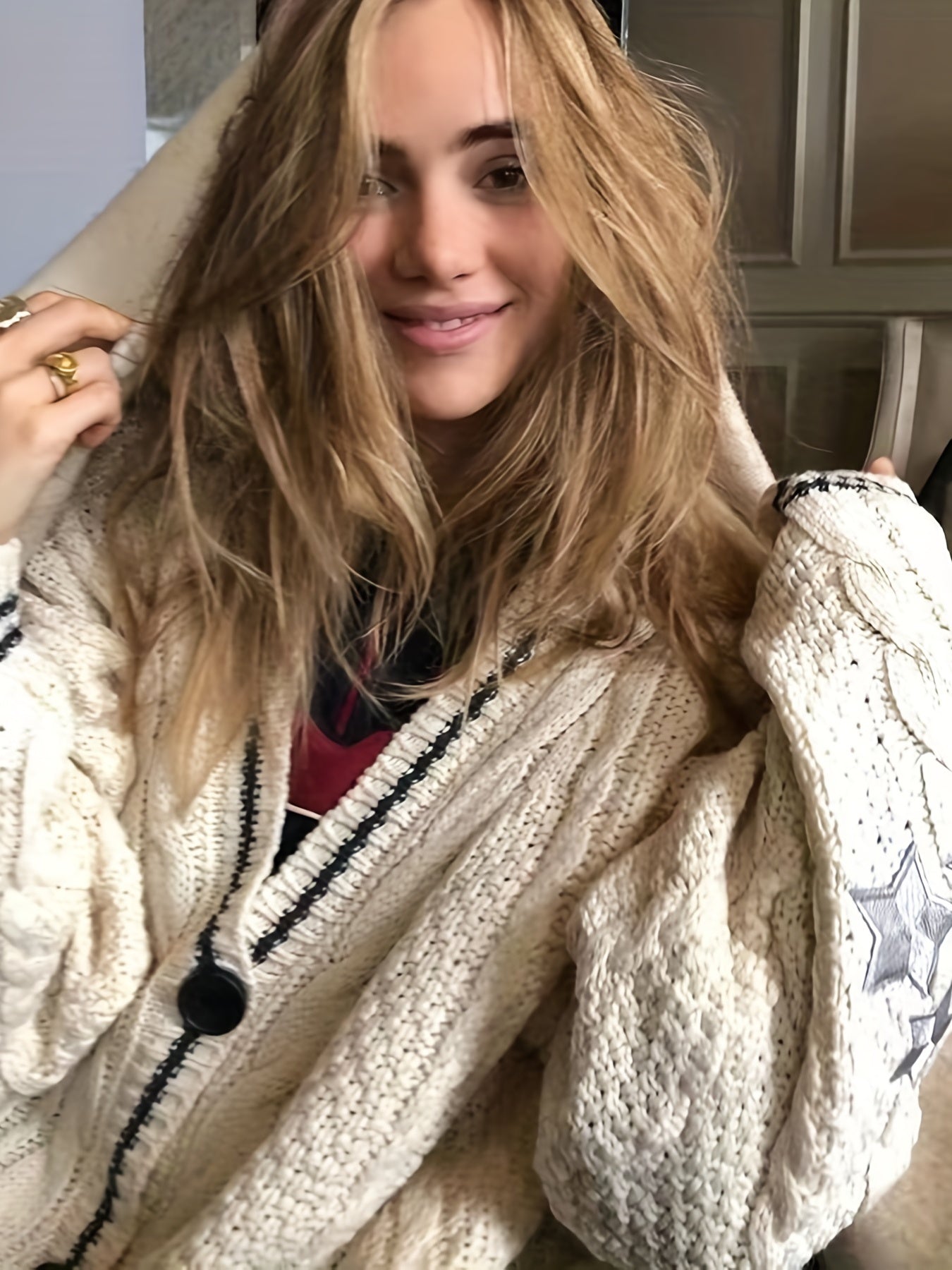 Star Embroidered Contrast Trim Cardigan Long Sleeve Casual Fall Winter