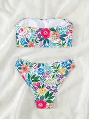Floral Print Bandeau 2 Piece Set Bikini High Cut Swimsuit