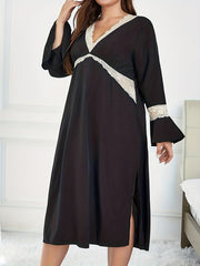 Nightdress Women's Plus Contrast Lace Trim V Neck Sleep Dress