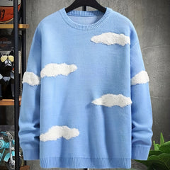 Cloud Chenille Embroidery Crew Neck Pullover Sweater for Men