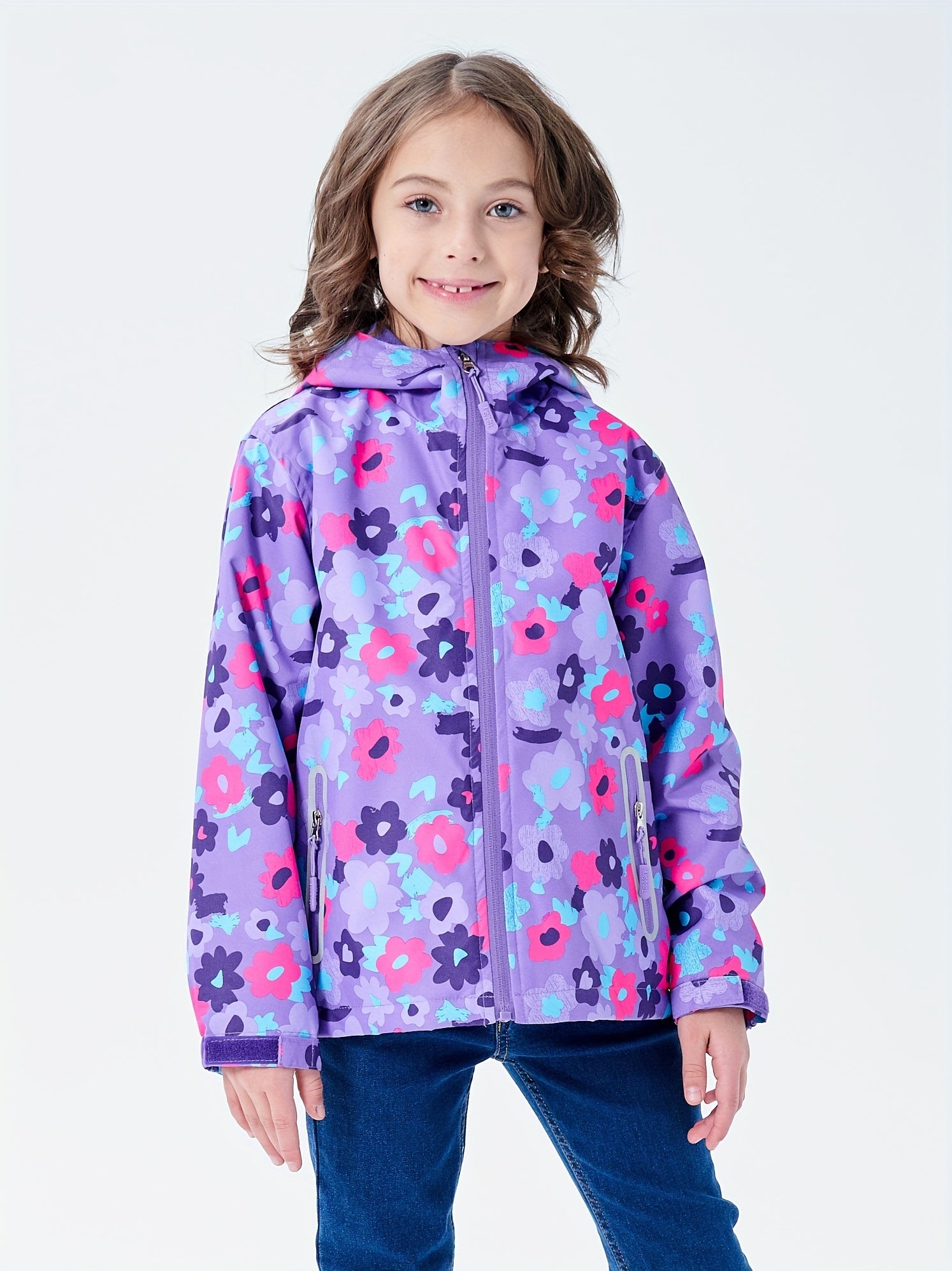 Girls Flower Graphic Hooded Jacket Zip Up Lightweight Windbreaker