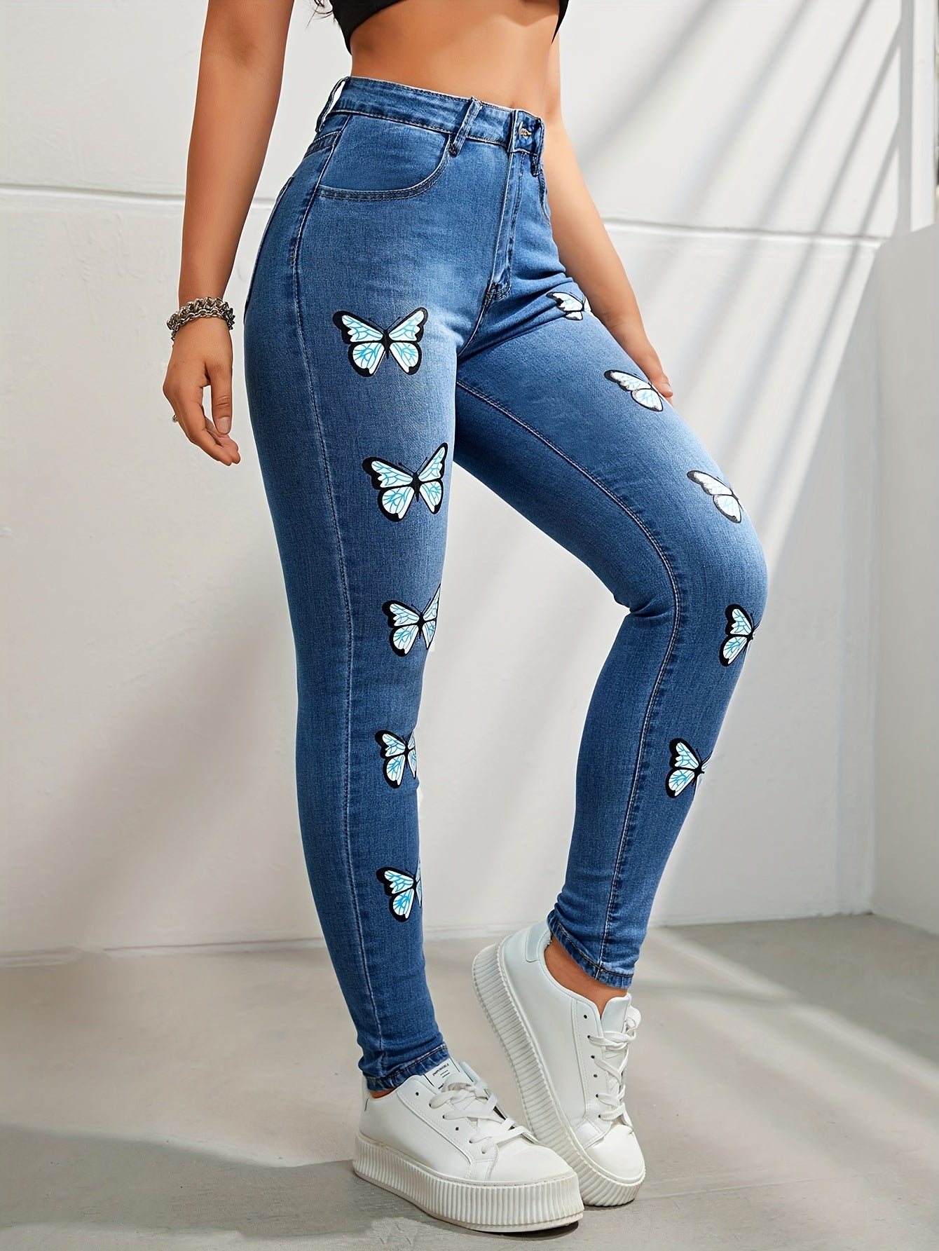Butterfly Print High Rise Skinny Jeans