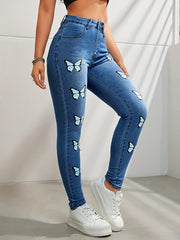 Butterfly Print High Rise Skinny Jeans