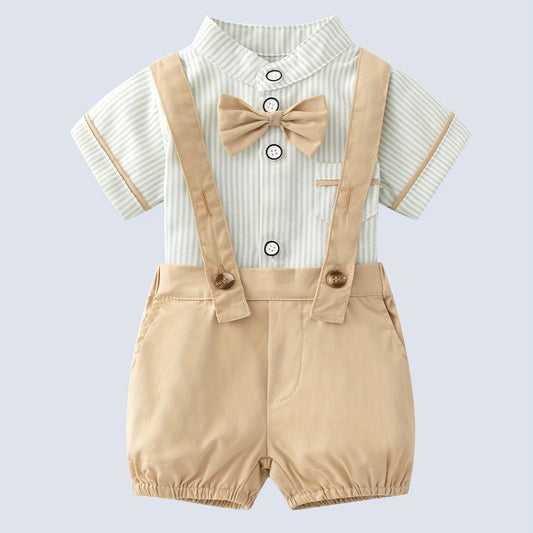 2pcs Baby Boys Striped Shirt & Suspender Shorts Set Gentleman Clothes