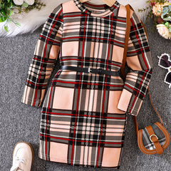 Girls' Classic Plaid Bodycon Dress With Belt Slim Fit