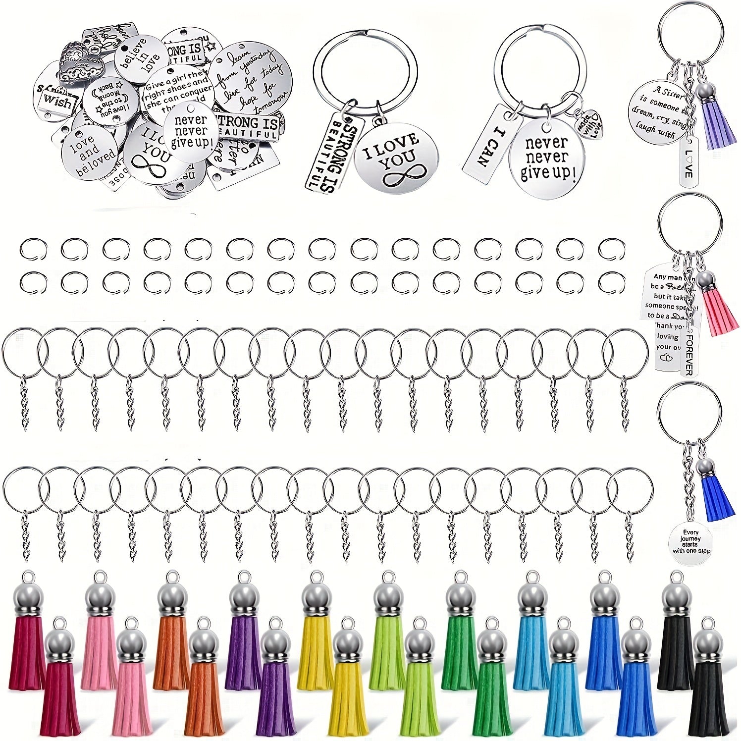 120pcs Keychain Accessories Set with Engraved Inspirational Words Charms