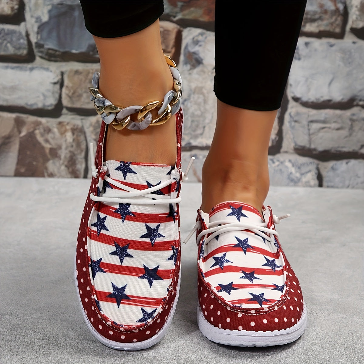 Women's Star & Stripe & Dotted Pattern Patchwork Boat Shoes Lace Up Flat Shoes