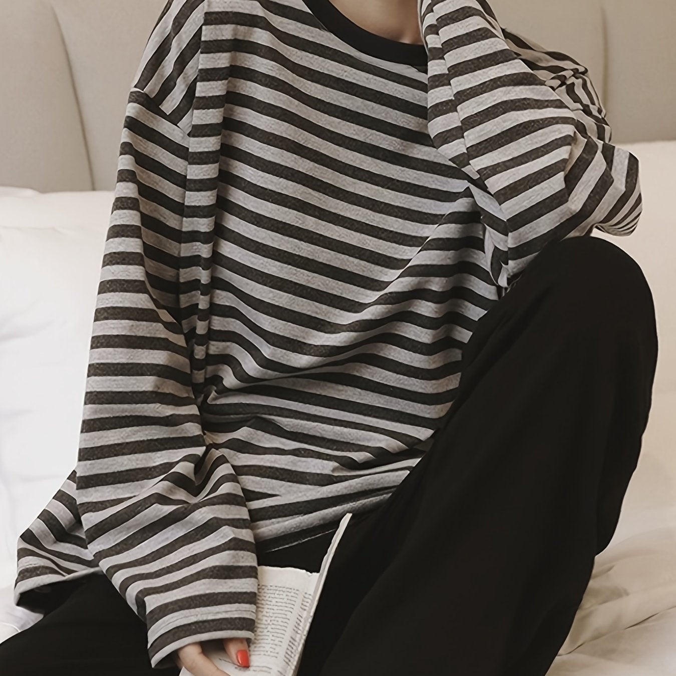 Striped Print Pajama Set Long Sleeve Top & Pants