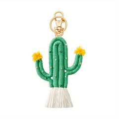 Men's Green Cactus Keychain Boho Handwoven Bag Pendant