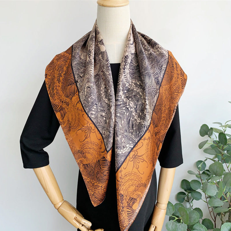 Orange Printed Silk Scarf Small Square Bandana Winter Warm