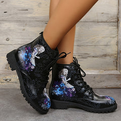 Women's Gothic Ankle Combat Boots Round Toe Lace Up Chunky Heel Short Boots