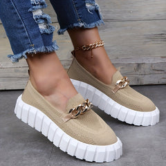 Chain Decor Platform Sneakers Slip On Outdoor Breathable Knit Shoes