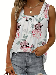 Floral Print Square Neck Tank Top Sleeveless Loose Summer