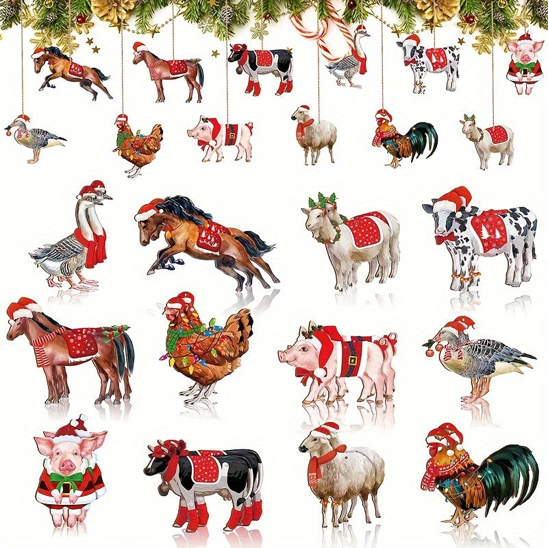 24Pcs Wooden Farm Animal Hanging Decor Christmas Tree Pendants