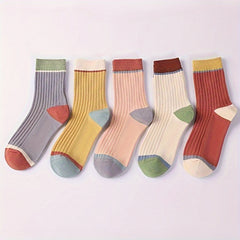 Pack of 5 Casual Breathable Long Striped Sports Socks