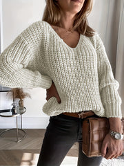 Casual Sweater Women's Solid V Neck Drop Shoulder Pullover Jumper