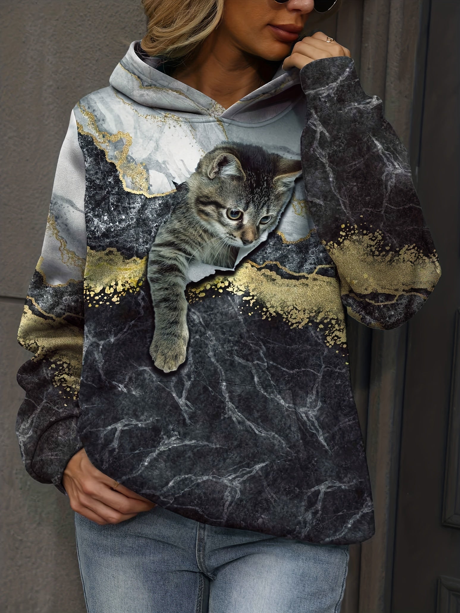 Cat Print Kangaroo Pocket Hoodie for Women