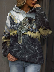 Cat Print Kangaroo Pocket Hoodie for Women