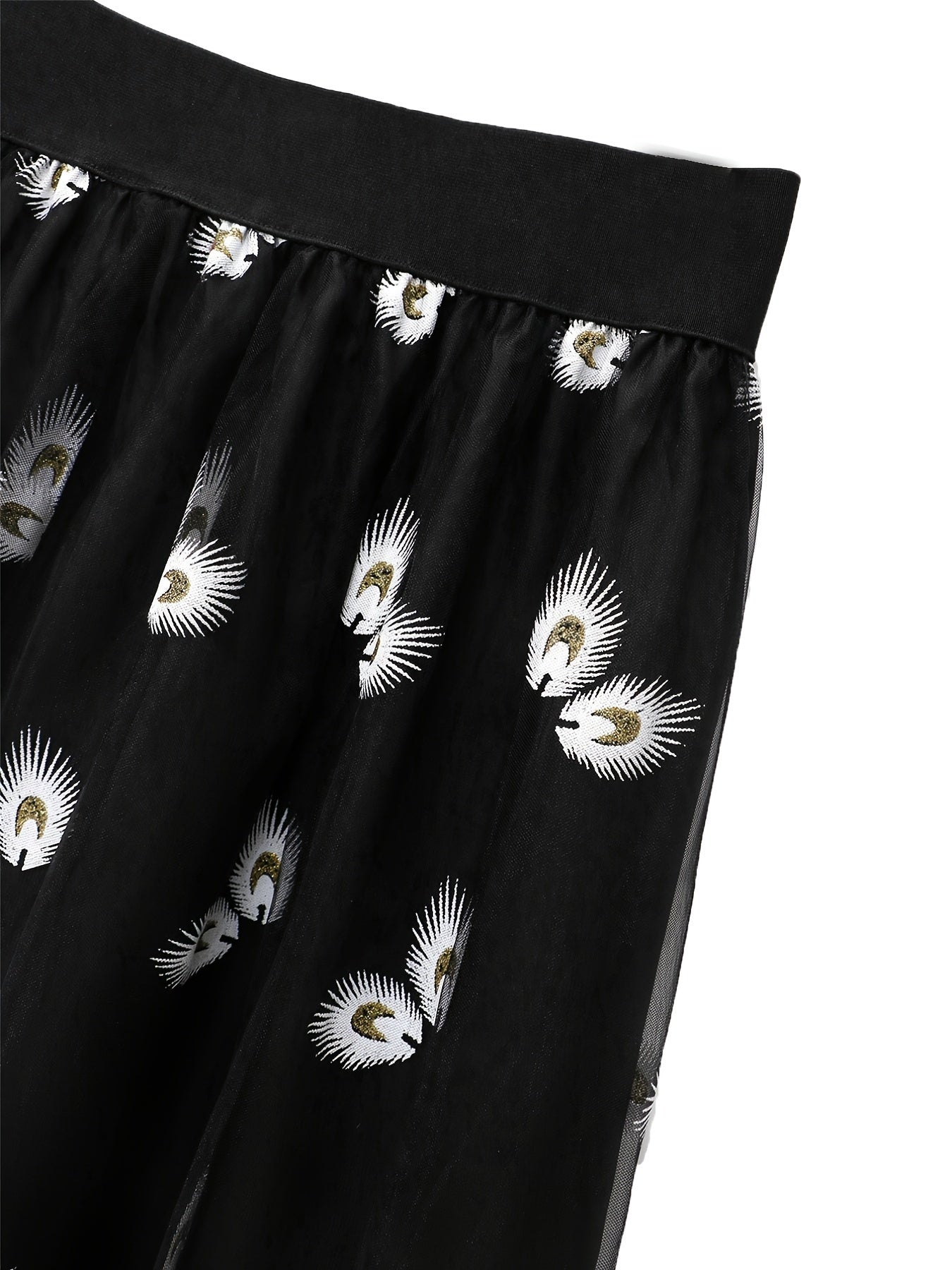 Women's Plus Peacock & Feather Print Elastic Waist Pleated Mesh Skirt