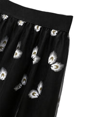 Women's Plus Peacock & Feather Print Elastic Waist Pleated Mesh Skirt