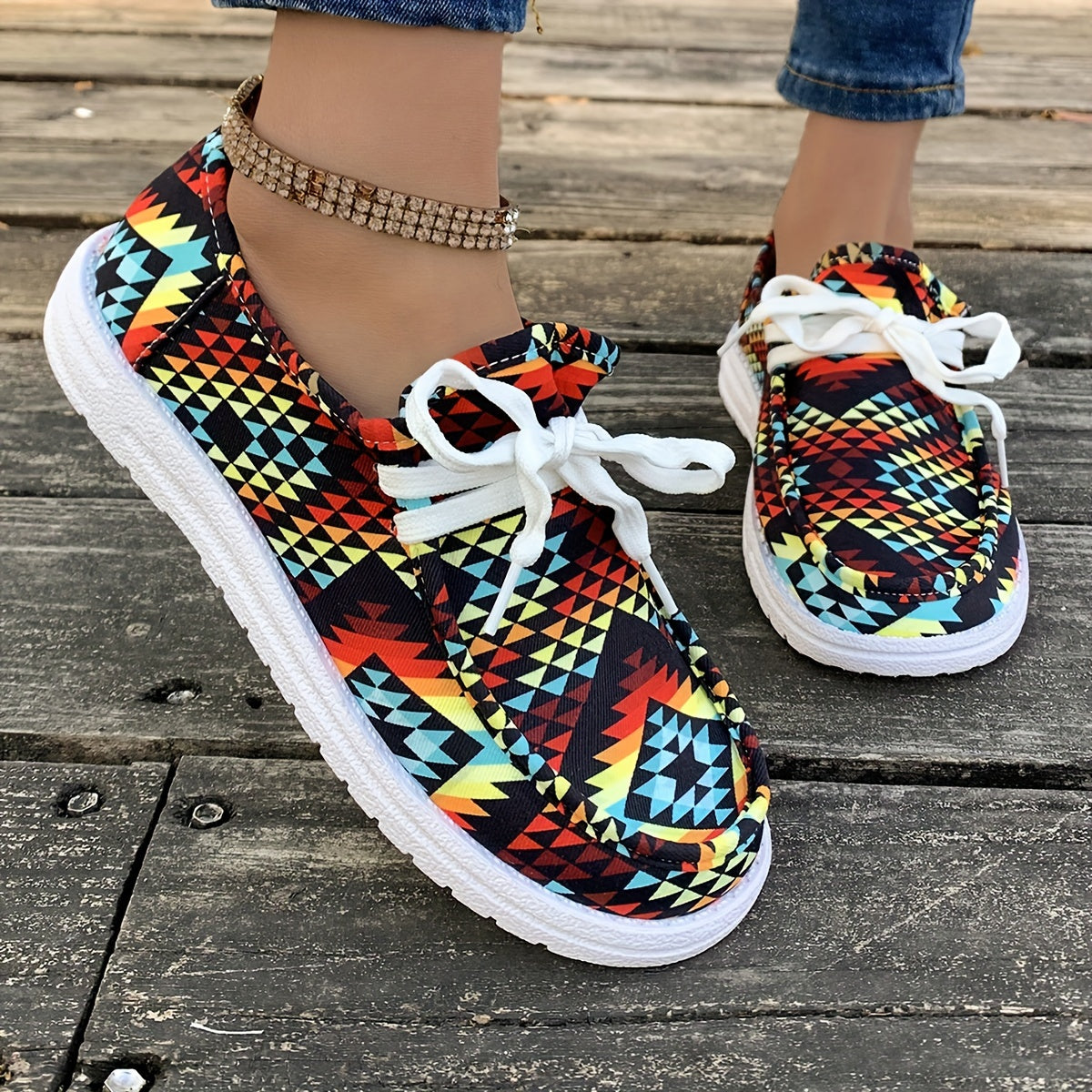Geometric Pattern Flat Lace Up Loafers Shoes Colorful Non Slip Canvas Sneakers