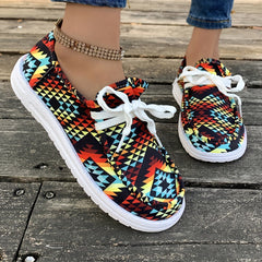 Geometric Pattern Flat Lace Up Loafers Shoes Colorful Non Slip Canvas Sneakers