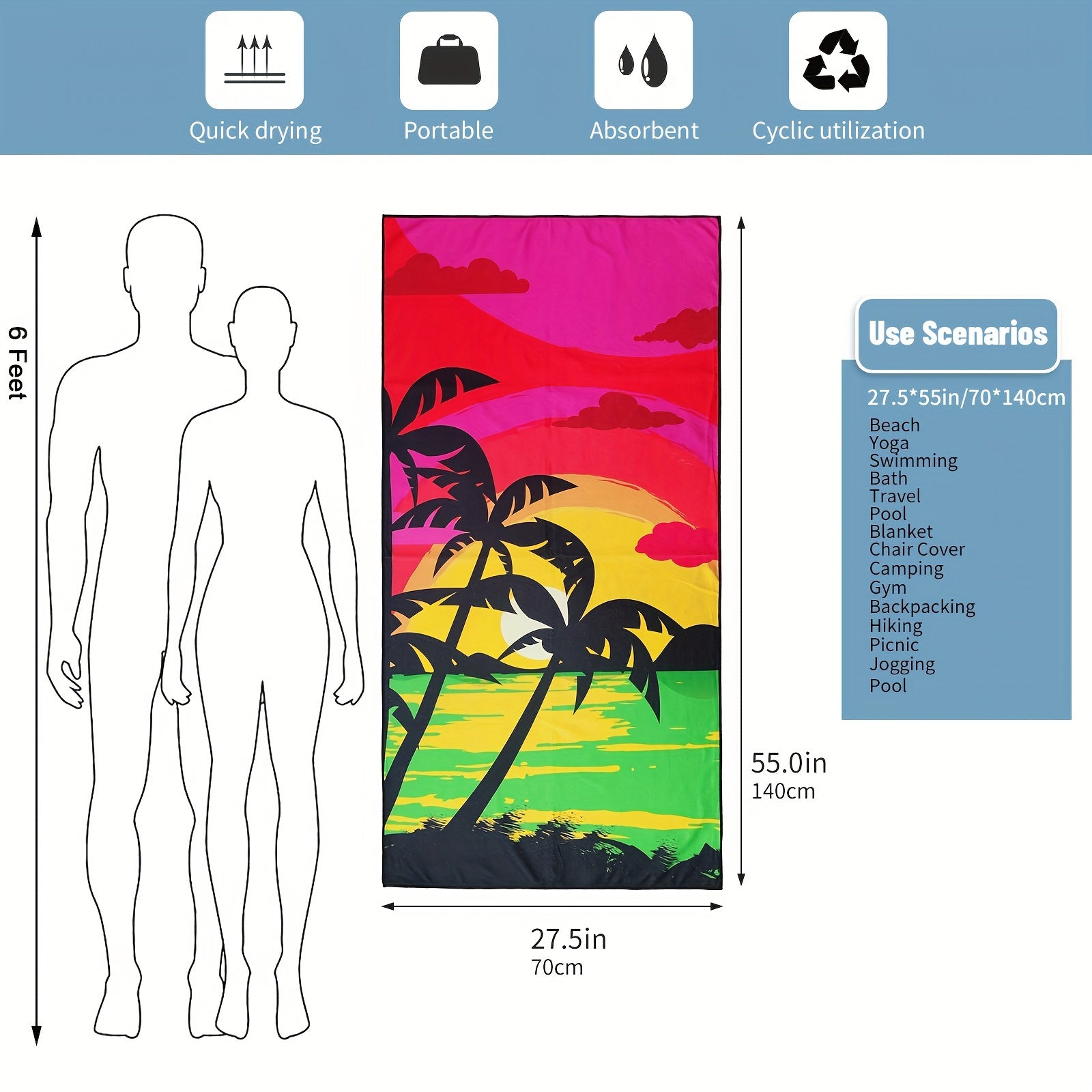 Microfiber Beach Towel Quick Drying 27.5 x 55 Water Absorbent Soft Towel