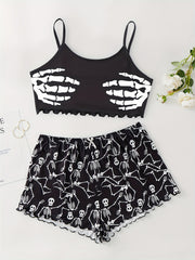 Skull Print Cami Top & Shorts Pajama Set Plus Size 2pcs Set
