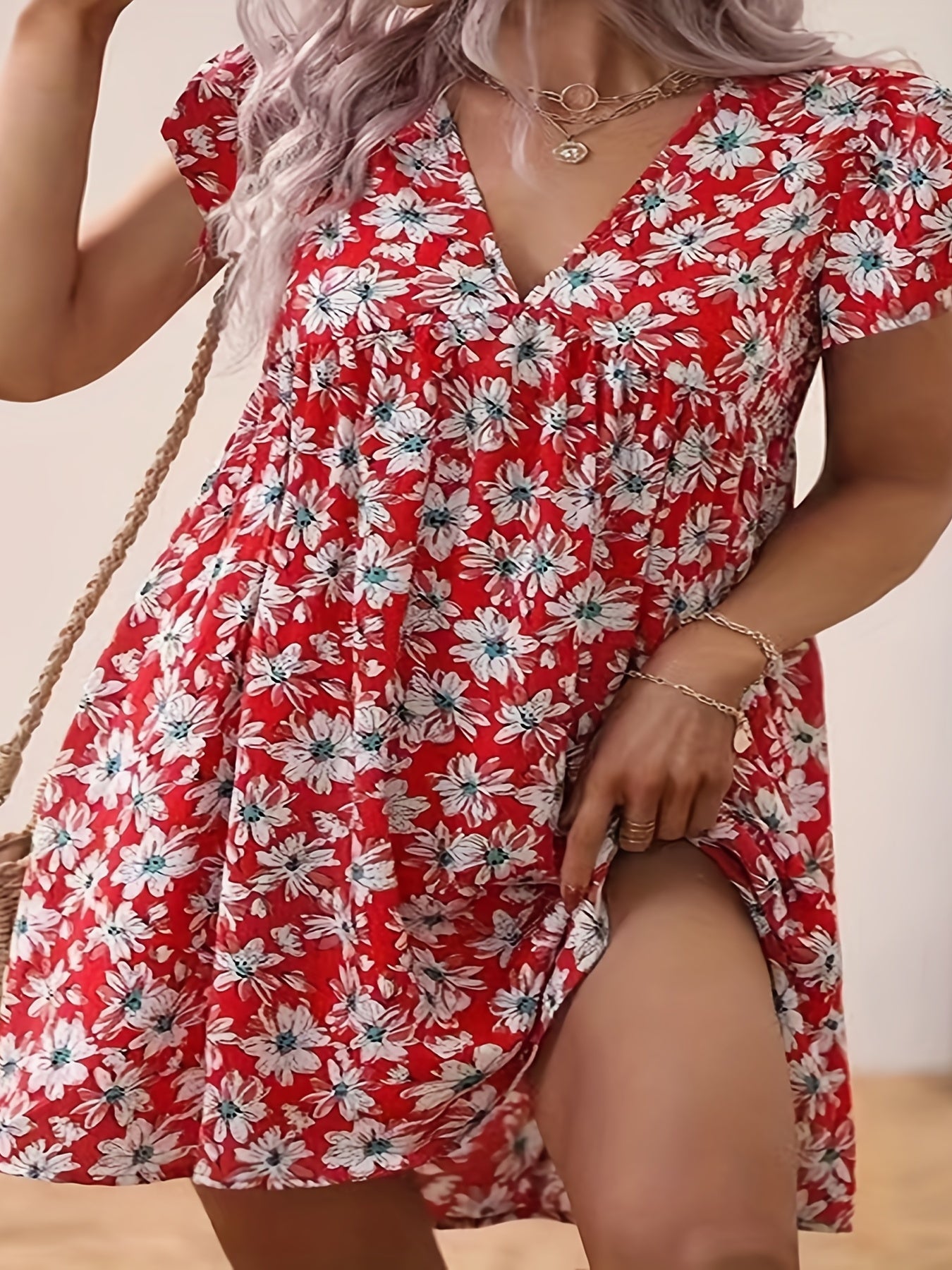 Floral Print Cap Sleeve V Neck Dress