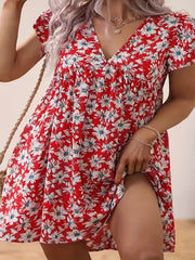 Floral Print Cap Sleeve V Neck Dress