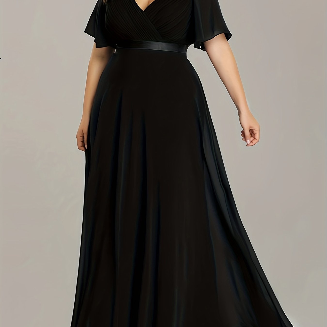 Solid Ruffle Sleeve Maxi Formal Evening Dress