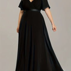 Solid Ruffle Sleeve Maxi Formal Evening Dress