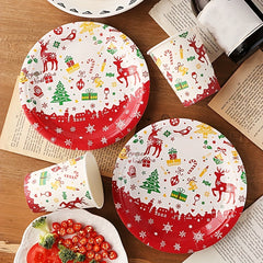 10pcs Christmas Paper Cup Plate Disposable Tableware Set Holiday Party Decor