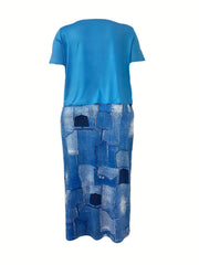 Women's Plus Size Letter Print One Shoulder Top & Midi Skirt Two Piece Set