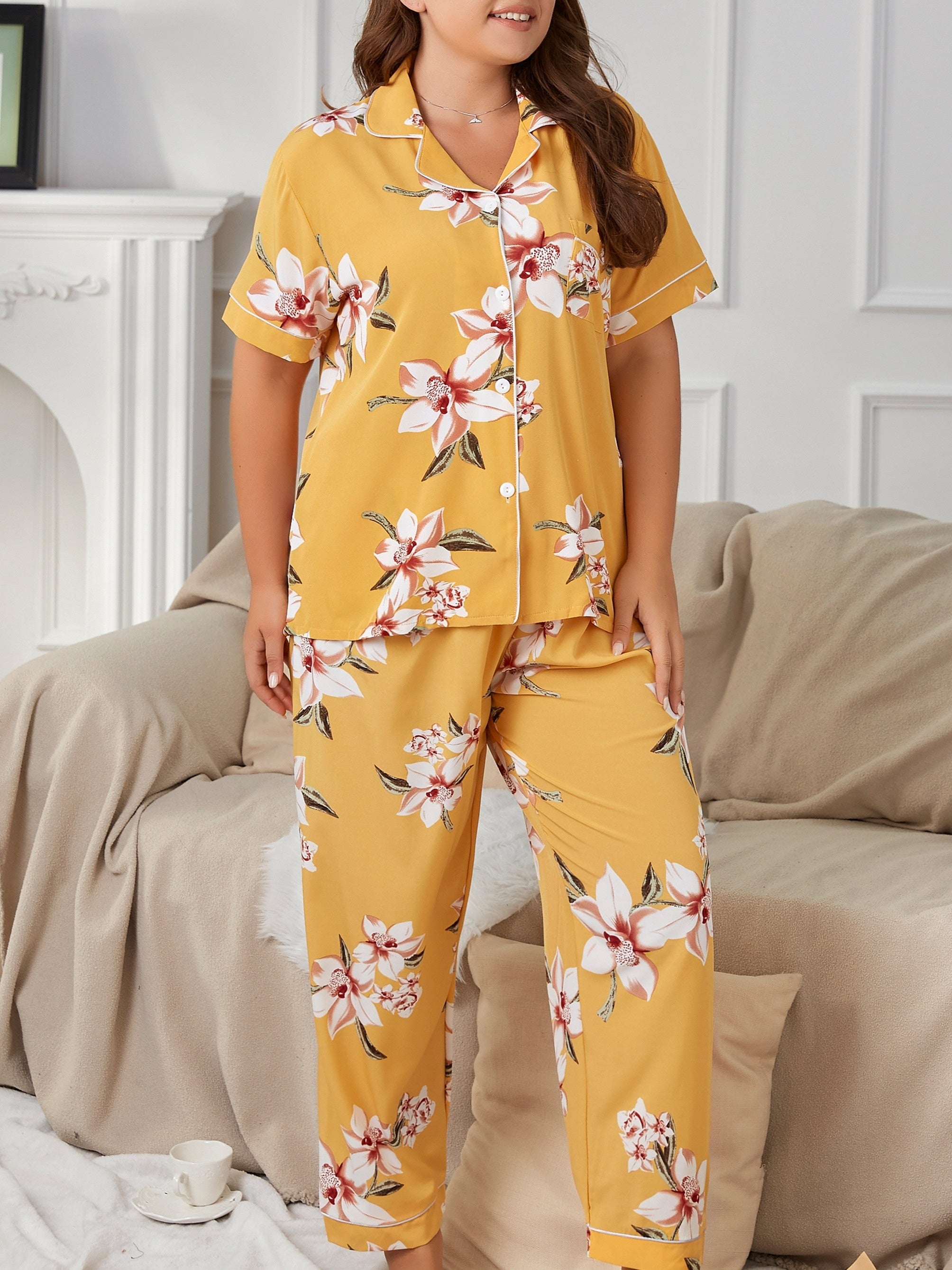 Floral Print Pajama Set Short Sleeve Lounge Two Piece