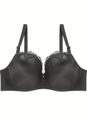 Bra Women's Plus Satin Contrast Lace Hook & Eye High Stretch Solid Bra