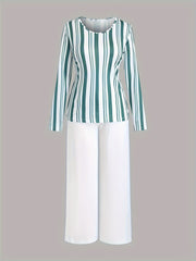 Casual Pajamas Set Women's Striped Print Tee & Solid Pants 2 Piece Set