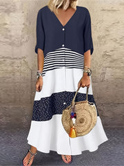 Colorblock Half Sleeve V Neck Maxi Shirt Dress