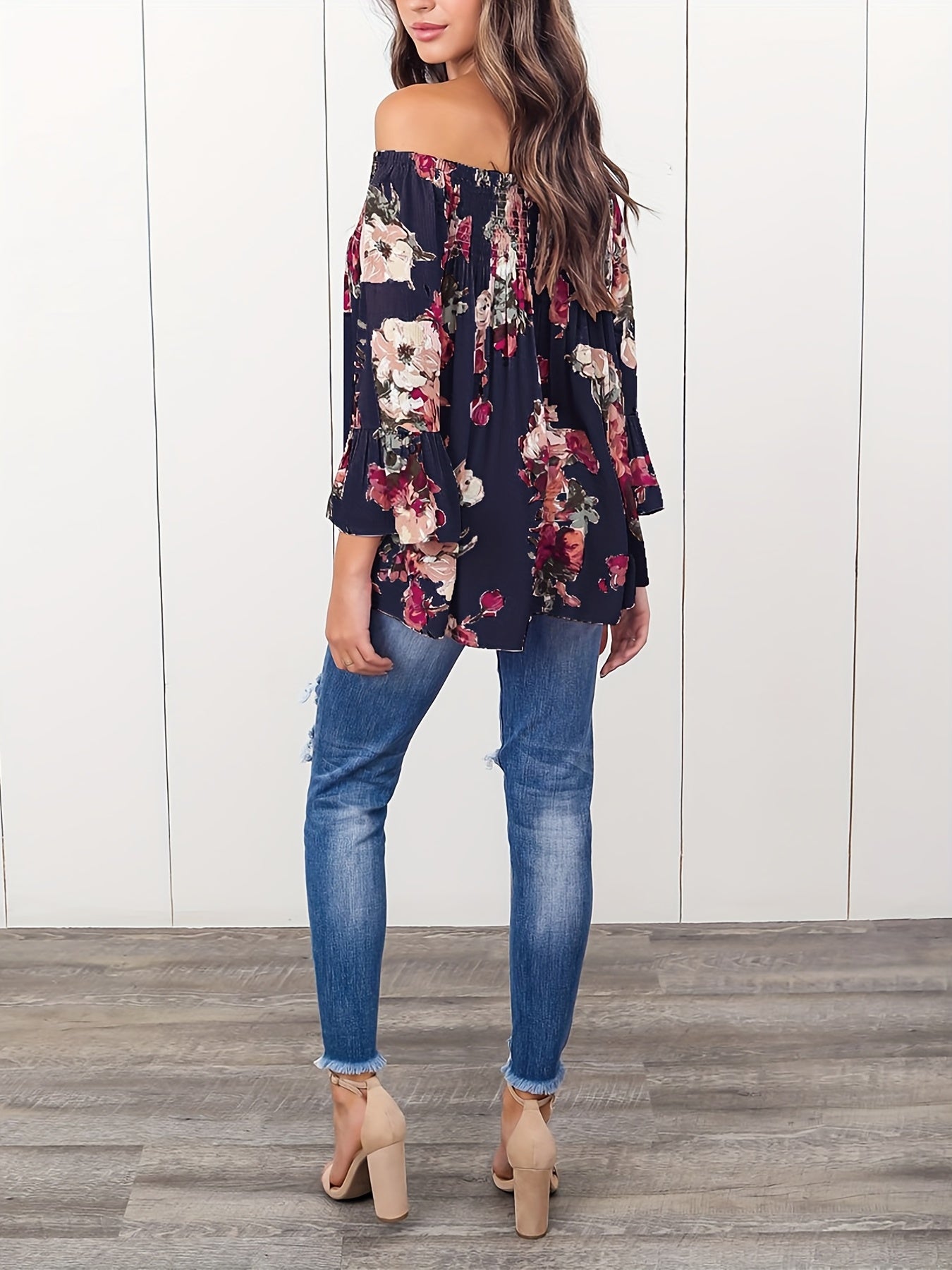 Floral Beachwear Top Off Shoulder Long Sleeves Casual Blouse