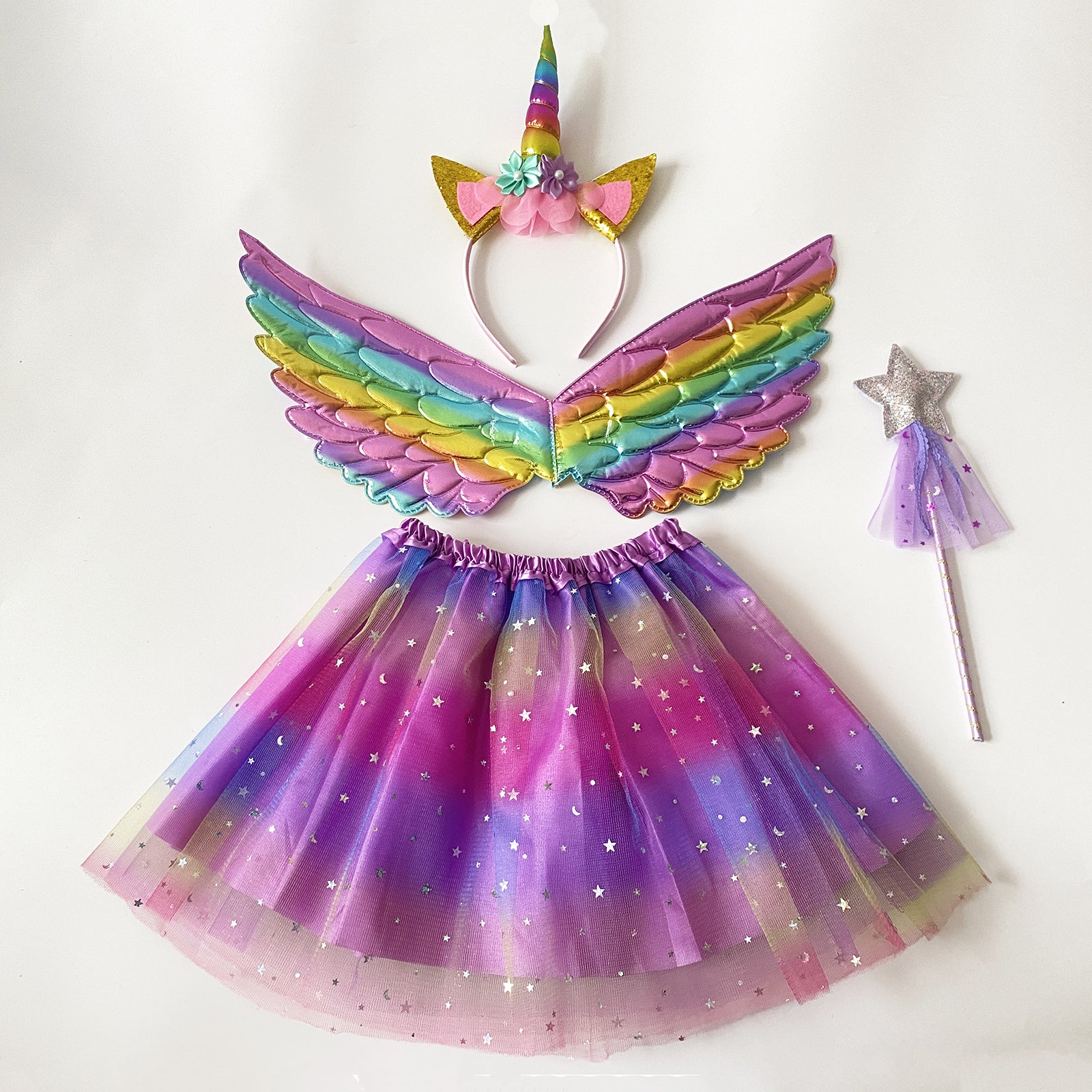 Girls' Rainbow Cartoon Headband Wings Star Wand 4pcs Skirt Set