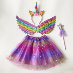Girls' Rainbow Cartoon Headband Wings Star Wand 4pcs Skirt Set