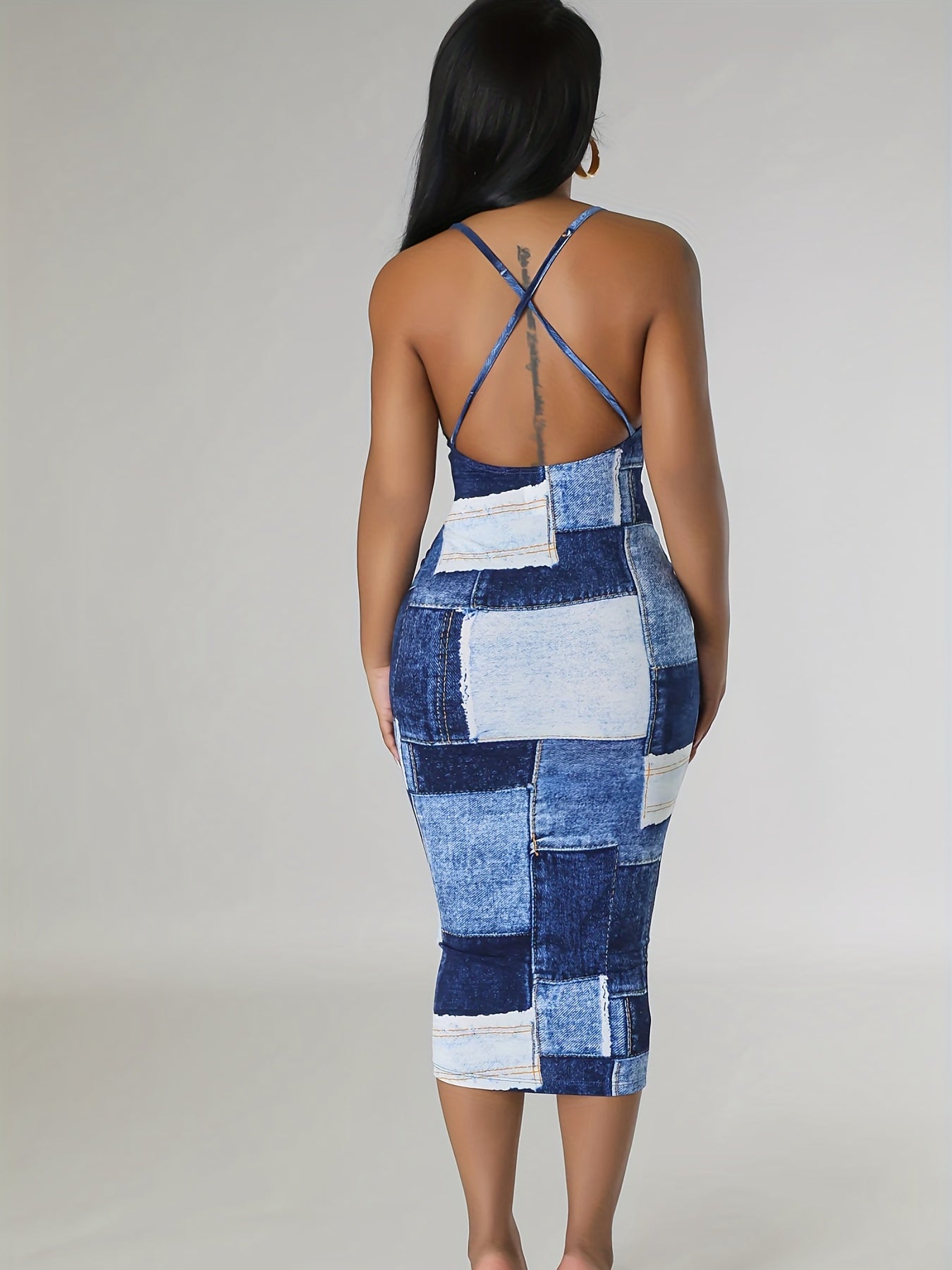 Denim Print Criss Cross Backless Cami Dress