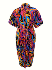 Abstract Print Polo Neck Shirt Dress With Pockets