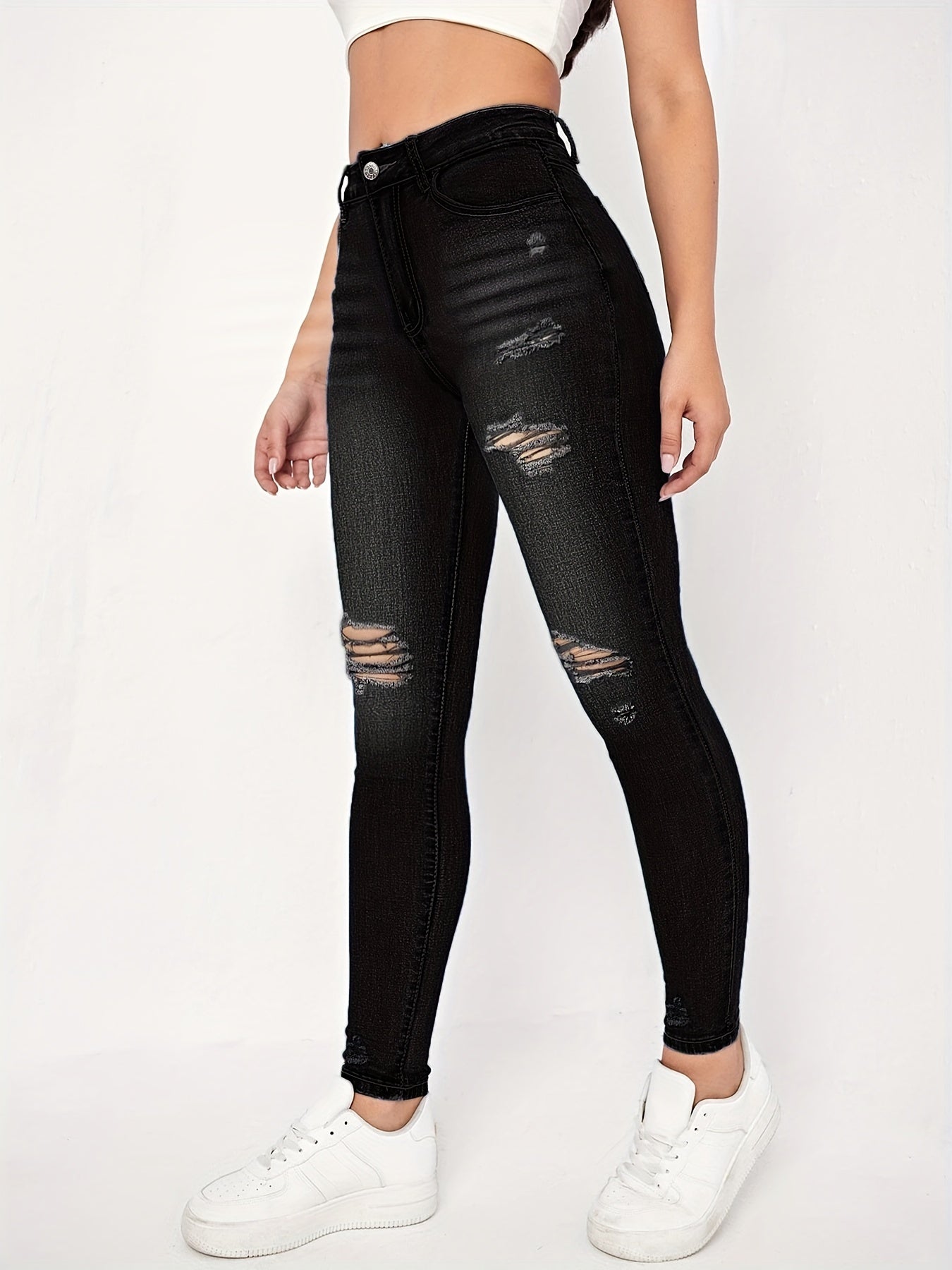 Ripped Holes Skinny Jeans Slim Fit High Waist Casual Denim Pants