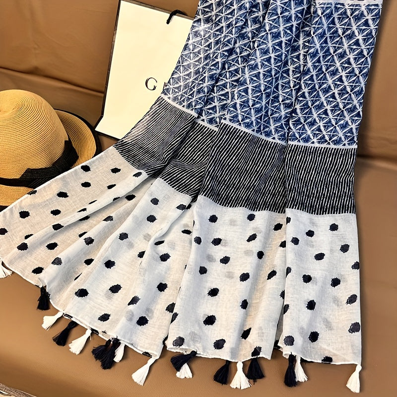 Geometric Print Tassel Scarf Vintage Block Shawl Windproof Head Wrap