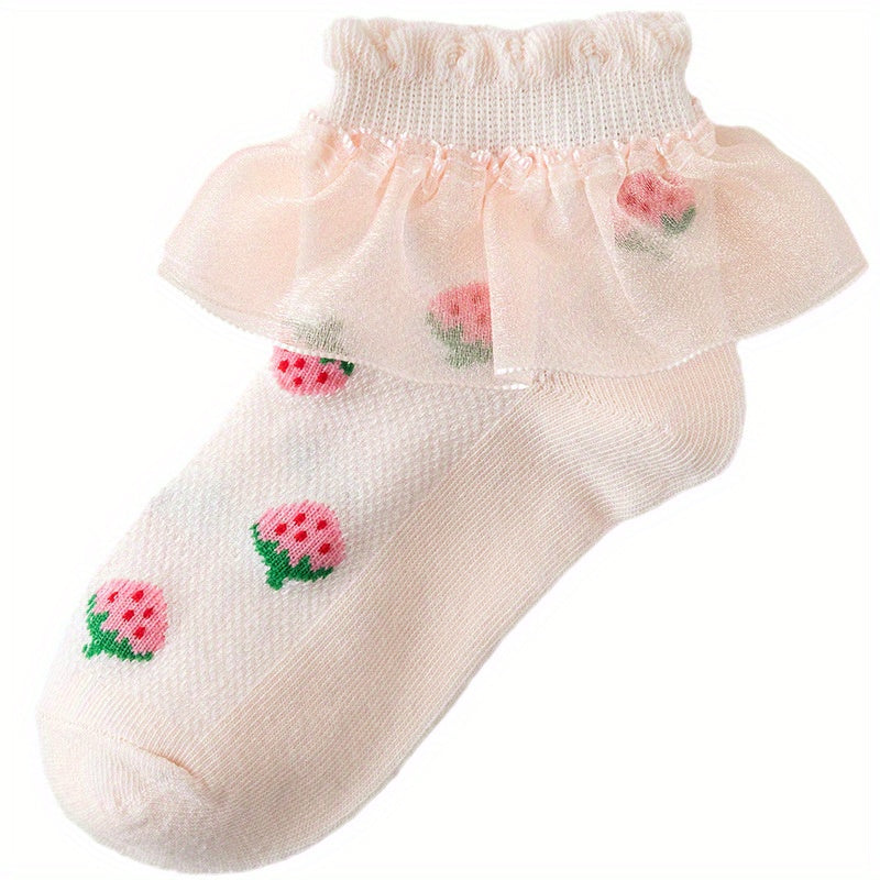 Girls Cotton Blend Lace Ruffle Ankle Socks Strawberry Pattern Candy Crew Socks