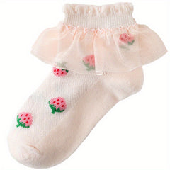 Girls Cotton Blend Lace Ruffle Ankle Socks Strawberry Pattern Candy Crew Socks