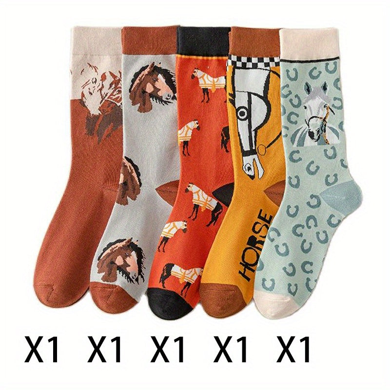 Cartoon Horse Print Socks Comfy & Funny Mid Tube Socks Women's Stockings