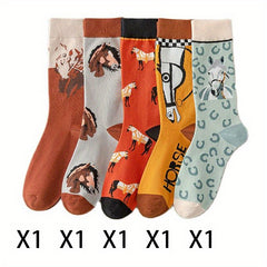 Cartoon Horse Print Socks Comfy & Funny Mid Tube Socks Women's Stockings
